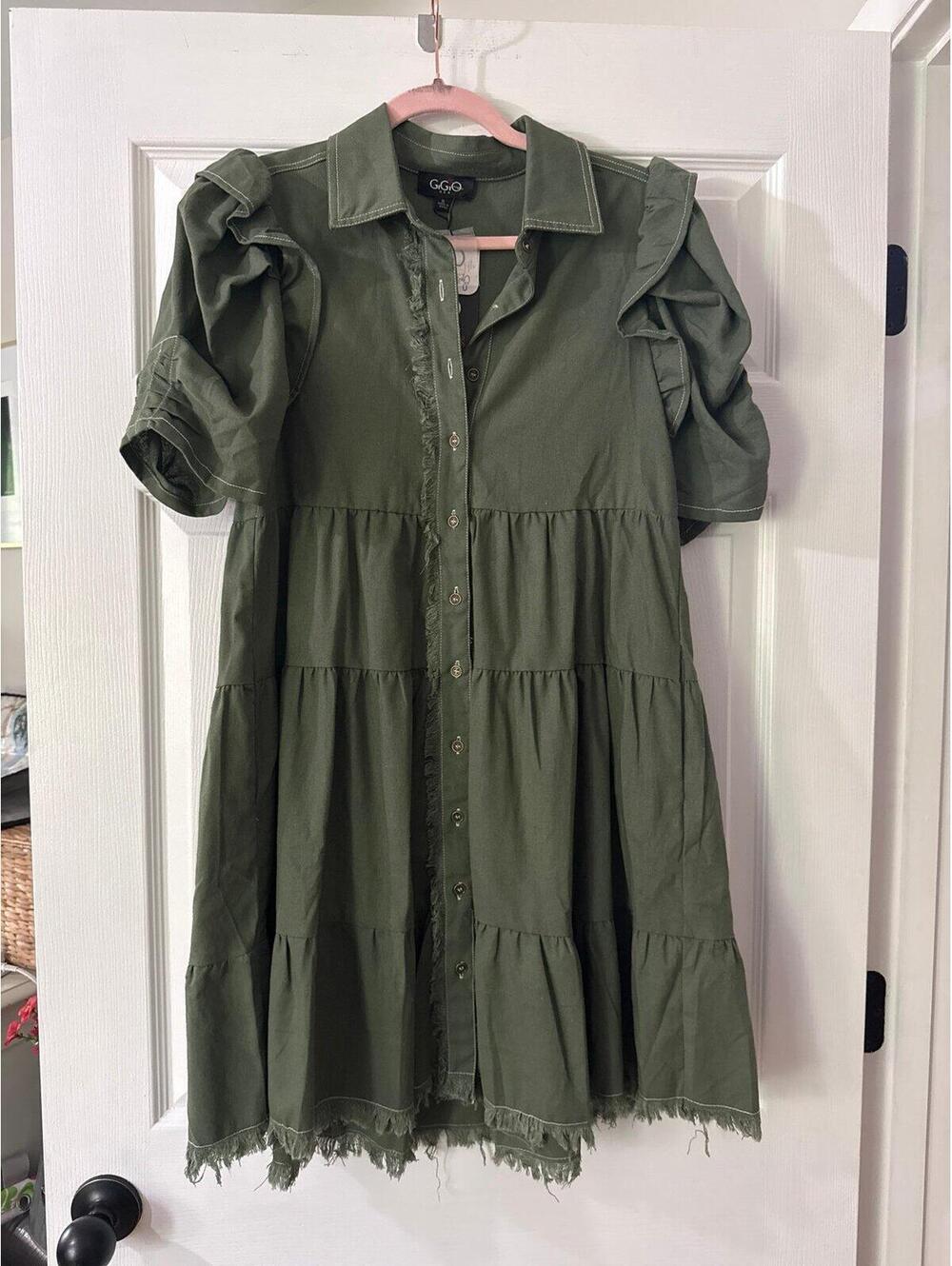 Gigio Olive Puff Sleeve Button Front Dress Boutique Small NWT